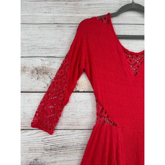 Free People 3/4 Sleeve Lace Cutout Fit & Flare Mini Dress Women's Size Small Red - Picture 5 of 12